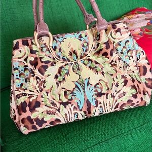 Floral Embossed & Hand Painted Leopard Print Bag Purse Brown & Aqua MAYUMI KONDO